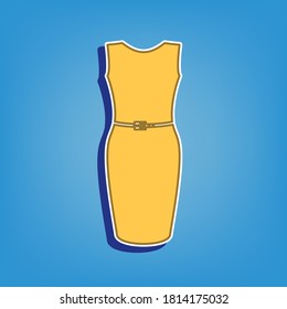 Dress sign illustration. Golden Icon with White Contour at light blue Background. Illustration.