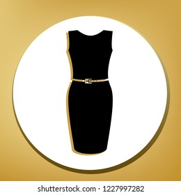 Dress sign illustration. Vector. Black icon with light brown shadow in white circle with shaped ring at golden background.