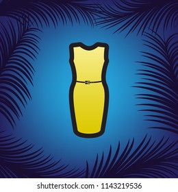 Dress sign illustration. Vector. Golden icon with black contour at blue background with branches of palm trees.