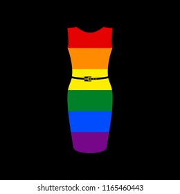 Dress sign illustration. Vector. Icon with colors of LGBT flag at black background.