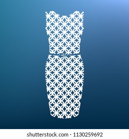 Dress sign illustration. Vector. White textured icon at lapis lazuli gradient background.