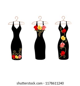 Dress silhouette on a hanger with flowers and lace. Set vector illustration.