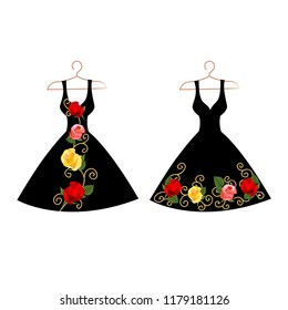 Dress silhouette on a hanger with flowers and lace. Vector illustration.