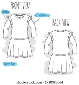 Dress sketch. Black and white long sleeve outfit flat technical drawing. Vector graphic template. Fashion design accessory. Front and back view. Ruffle trim at shoulder detail. Ladies sportswear.