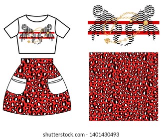 Dress skirt pattern design for girls. Red leopard stains and modern shirt print mocked up set.