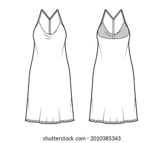 Dress slip technical fashion illustration with oversized body, knee length pencil skirt, racerback. Flat apparel front, back, white color style. Women, men unisex CAD mockup