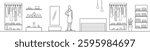 Dress store interior graphic black white long sketch illustration vector 