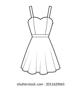 Dress strap technical fashion illustration fitted body, above-the-knee mini length circular skirt, natural waistline. Flat apparel front, white color style. Women, men unisex CAD mockup
