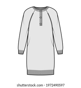 Dress Sweater henley neck technical fashion illustration with long raglan sleeves, relax fit, knee length, rib knit trim. Flat garment apparel front, grey color style. Women, men, unisex CAD mockup