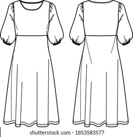 Dress technical drawing, vector dress sketch, woman appeal, clothes flat, midi dress, summer clothes, woman collection