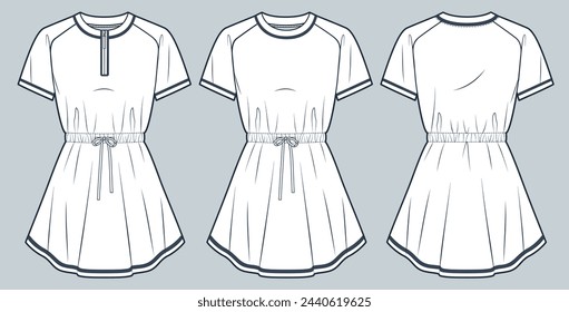 Dress technical fashion illustration. Jersey Mini Dress fashion flat technical drawing template, raglan short sleeve, zipper, drawstring waist, front and back view, white, women CAD mockup set.