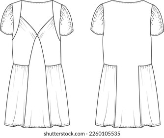 Vestido - Dibujo técnico plano CAD vectorial - contorno frontal y posterior para la fabricación de moda y textiles, plantilla de ropa y detalles de ropa, listo para usar la silueta para el paquete tecnológico. 