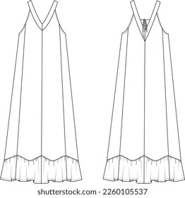 Dress - Technical flat drawing CAD vector technical sketch - front and back outline for fashion and textile manufacture, clothing template and garment details, ready to use silhouette for tech pack. 