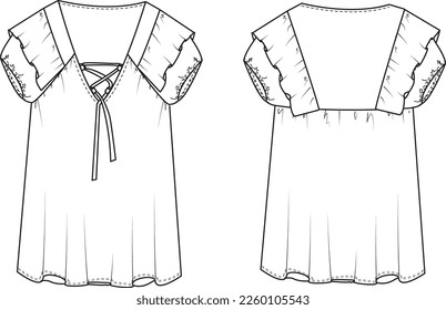 Vestido - Dibujo técnico plano CAD vectorial - contorno frontal y posterior para la fabricación de moda y textiles, plantilla de ropa y detalles de ropa, listo para usar la silueta para el paquete tecnológico. 