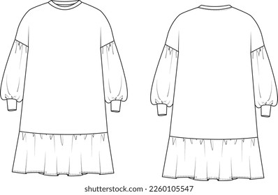 Dress - Technical flat drawing CAD vector technical sketch - front and back outline for fashion and textile manufacture, clothing template and garment details, ready to use silhouette for tech pack. 