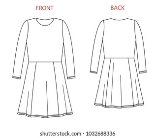 dress technical sketch back and front view in outlines