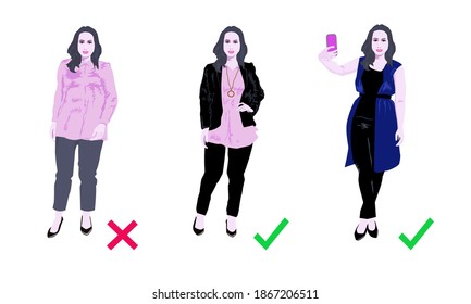 dress tips for plus size girl, people portrait vector 