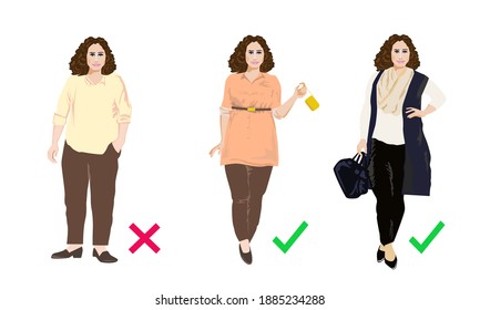 dress tips for plus size girl, people portrait vector 