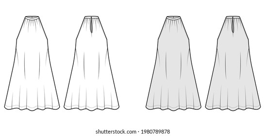 Ilustración técnica de moda de trapecio con cuerpo sin mangas, sobredimensionado, longitud de rodilla, halter de cuello alto golpeado. Delantero de ropa plana, de atrás, blanco, de color gris. Mujeres, hombres unisex CAD mockup