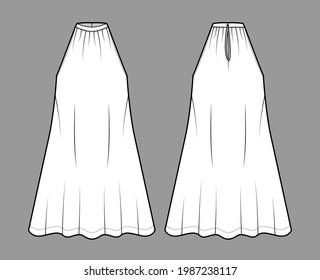 Dress trapeze tent technical fashion illustration with sleeveless, oversized body, knee length, banded high neck halter. Flat apparel front, back, white color style. Women, men unisex CAD mockup