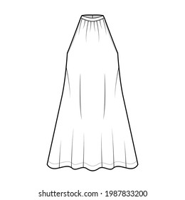 Dress trapeze tent technical fashion illustration with sleeveless, oversized body, knee length, banded high neck halter. Flat apparel front, white color style. Women, men unisex CAD mockup