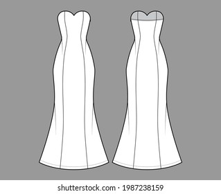 Dress trumpet technical fashion illustration with strapless sweetheart neckline, floor maxi length circular skirt. Flat evening apparel front, back, white color style. Women, men unisex CAD mockup