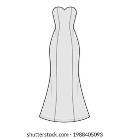 Dress trumpet technical fashion illustration with strapless sweetheart neckline, fitted body, floor maxi length circular skirt. Flat evening apparel front, grey color. Women, men unisex CAD mockup