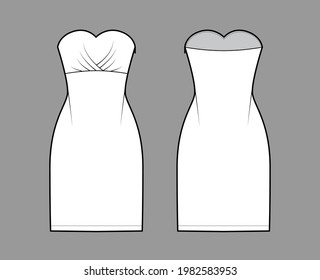 Ilustración técnica de la moda del tubo de vestir con espesor, cuerpo montado, falda de lápiz de longitud de rodilla. Delantero de ropa plana, espalda, color blanco. Mujeres, hombres unisex CAD mockup