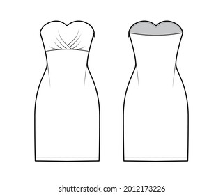 Dress tube technical fashion illustration with strapless, fitted body, knee length pencil skirt. Flat apparel front, back, white color style. Women, men unisex CAD mockup