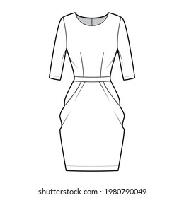 Dress tulip technical fashion illustration with elbow sleeves, fitted body, knee length peg-top pencil skirt. Flat apparel front, white color style. Women, men unisex CAD mockup