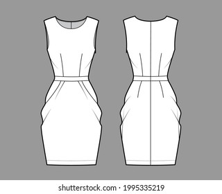 Dress tulip technical fashion illustration with sleeveless, fitted body, knee length peg-top pencil skirt. Flat apparel front, back, white color style. Women, men unisex CAD mockup