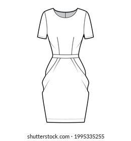 Dress tulip technical fashion illustration with short sleeves, fitted body, knee length peg-top pencil skirt. Flat apparel front, white color style. Women, men unisex CAD mockup