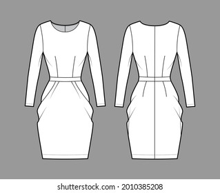 Dress tulip technical fashion illustration with long sleeves, fitted body, knee length peg-top pencil skirt. Flat apparel front, back, white color style. Women, men unisex CAD mockup