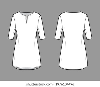 Dress tunic technical fashion illustration with elbow sleeves, oversized body, mini length skirt, slashed neck. Flat apparel front, back, white color style. Women, men unisex CAD mockup