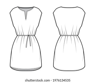 Dress tunic technical fashion illustration with tie, sleeveless, oversized body, mini length skirt, slashed neck. Flat apparel front, back, white color style. Women, men CAD mockup