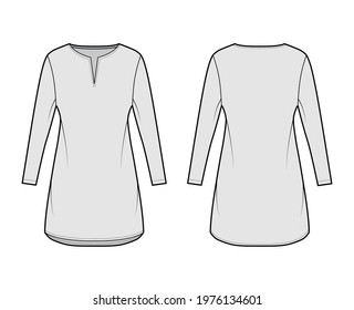 Dress tunic technical fashion illustration with long sleeves, oversized body, mini length skirt, slashed neck. Flat apparel front, back, grey color style. Women, men unisex CAD mockup