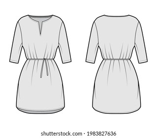 Dress tunic technical fashion illustration with tie, elbow sleeves, oversized body, mini length skirt, slashed neck. Flat apparel front, back, grey color style. Women, men CAD mockup