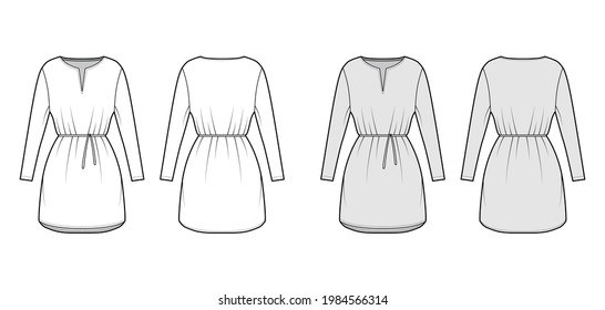 Dress tunic technical fashion illustration with tie, long sleeves, oversized body, mini length skirt, slashed neck. Flat apparel front, back, white, grey color style. Women, men CAD mockup