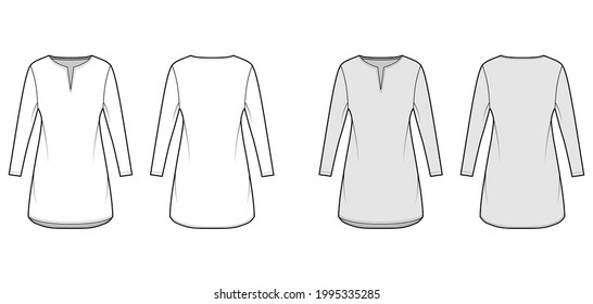 Dress tunic technical fashion illustration with long sleeves, oversized body, mini length skirt, slashed neck. Flat apparel front, back, white, grey color style. Women, men unisex CAD mockup