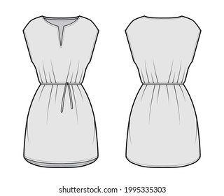 Dress tunic technical fashion illustration with tie, sleeveless, oversized body, mini length skirt, slashed neck. Flat apparel front, back, grey color style. Women, men CAD mockup