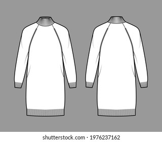 Dress Turtleneck Sweater technical fashion illustration with long raglan sleeves, oversized body, knee length, knit trim. Flat jumper apparel front, back white color style. Women men unisex CAD mockup