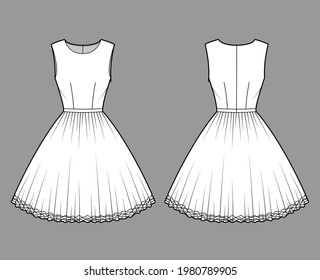 Dress tutu technical fashion illustration with sleeveless, fitted body, knee length circular skirt. Flat ballet apparel front, back, white color style. Women, men unisex CAD mockup