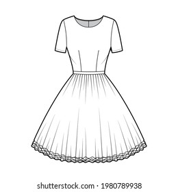 Dress tutu technical fashion illustration with short sleeves, fitted body, knee length circular skirt. Flat ballet apparel front, white color style. Women, men unisex CAD mockup
