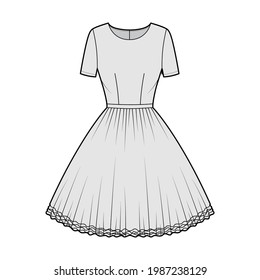 Dress tutu technical fashion illustration with short sleeves, fitted body, knee length circular skirt. Flat ballet apparel front, grey color style. Women, men unisex CAD mockup