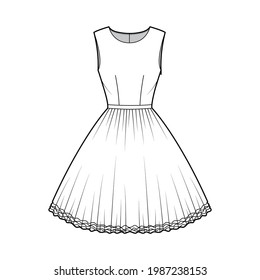 Dress tutu technical fashion illustration with sleeveless, fitted body, knee length circular skirt. Flat ballet apparel front, white color style. Women, men unisex CAD mockup