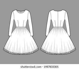 Dress tutu technical fashion illustration with long sleeves, fitted body, knee length circular skirt. Flat ballet apparel front, back, white color style. Women, men unisex CAD mockup