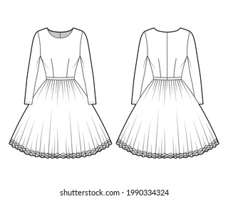 Dress tutu technical fashion illustration with long sleeves, fitted body, knee length circular skirt. Flat ballet apparel front, back, white color style. Women, men unisex CAD mockup