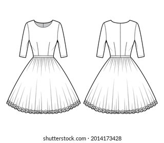 Dress tutu technical fashion illustration with elbow sleeves, fitted body, knee length circular skirt. Flat ballet apparel front, back, white color style. Women, men unisex CAD mockup