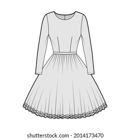 Dress tutu technical fashion illustration with long sleeves, fitted body, knee length circular skirt. Flat ballet apparel front, grey color style. Women, men unisex CAD mockup