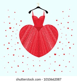 Dress for Valentine day party card with  heart skirt. Vector Fashion illustration